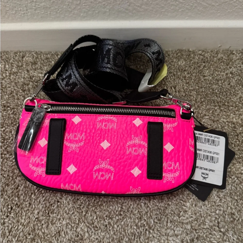 MCM Neon Pink mini Aren Visetos Logo Crossbody/Belt Bag - Picture 2 of 3